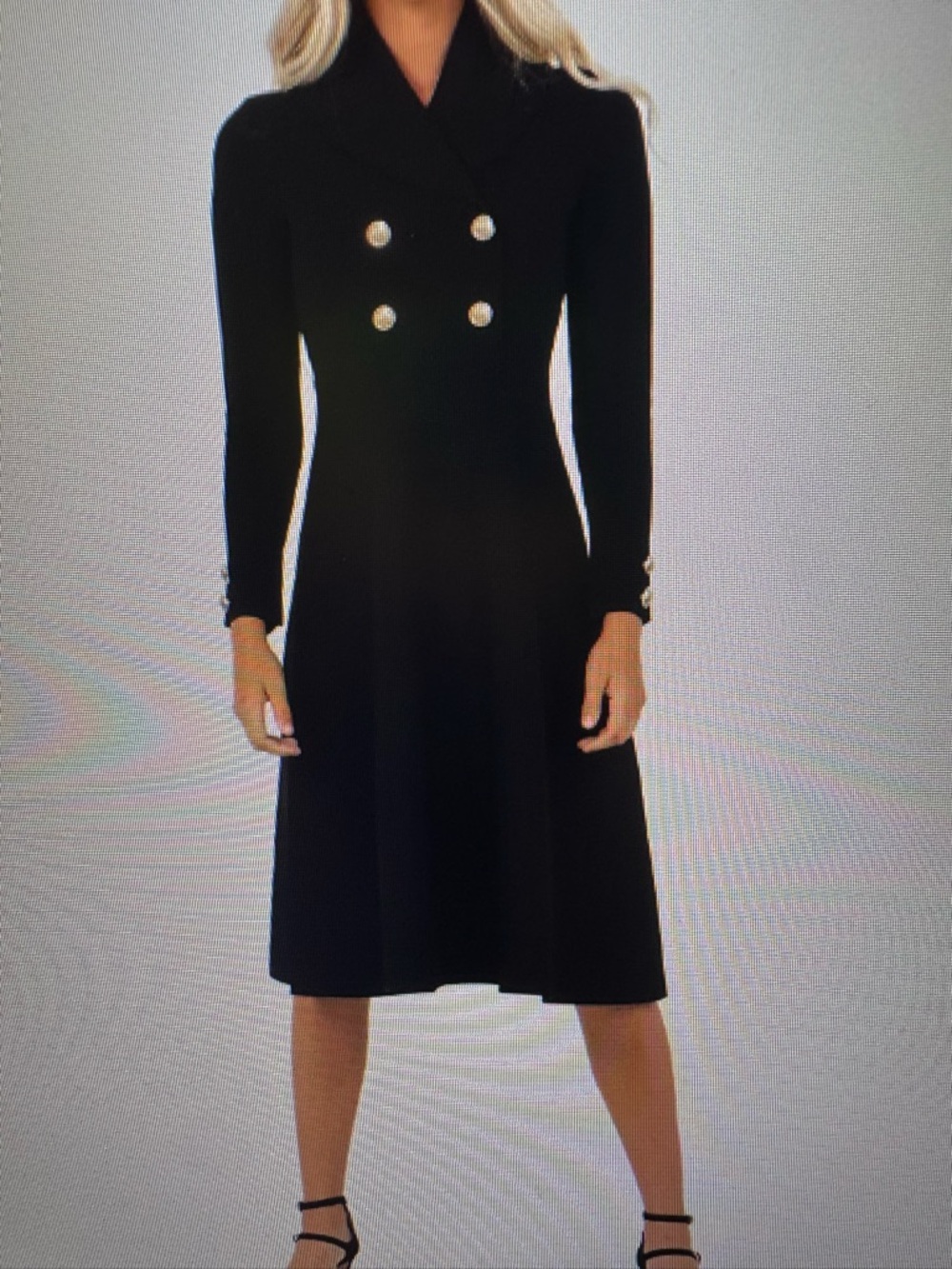 Double-Breasted Black Long-Sleeve Knit Dress with Gold Buttons